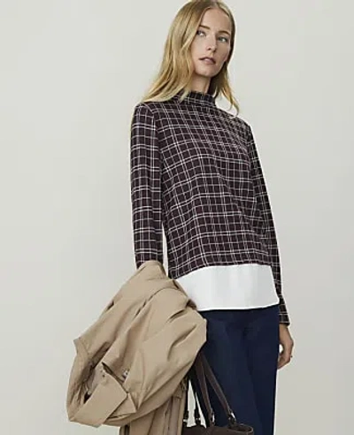 Ann Taylor Plaid Layered Mock Neck Top In Purest Plum