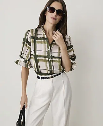Ann Taylor Plaid Ruffle Collar Shirt In Olive Sprig