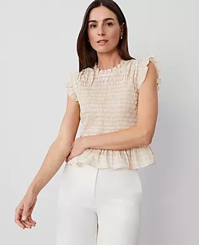 Ann Taylor Plaid Smocked Ruffle Tank Top In Toasted Oat