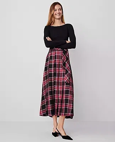 Ann Taylor Plaid Tie-waist Pleated Midi Skirt In Black