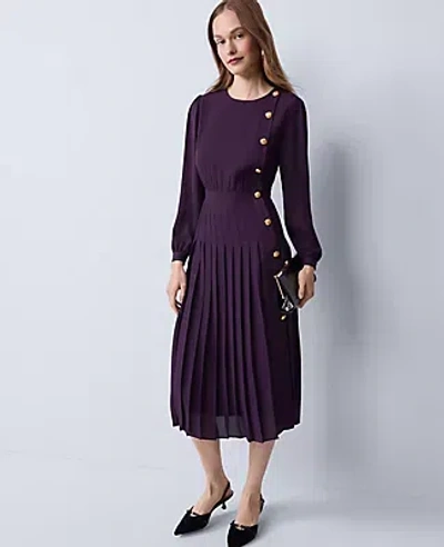 Ann Taylor Pleated Button Flare Midi Dress In Purple