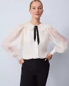 Ann Taylor Pleated Collar Tie Neck Blouse In White