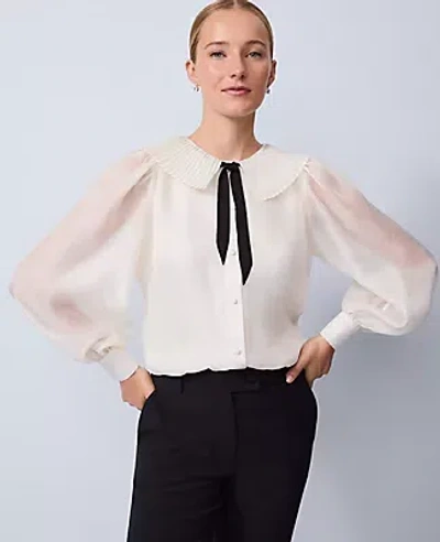 Ann Taylor Pleated Collar Tie Neck Blouse In White