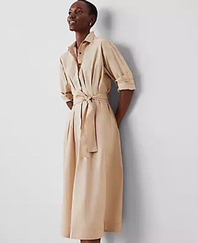 Ann Taylor Pleated Midi Shirtdress In Toasted Oat