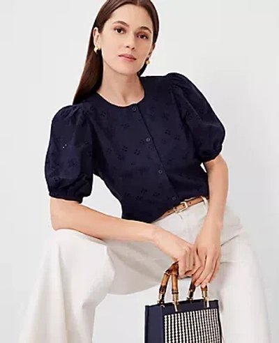 Ann Taylor Pleated Puff Sleeve Eyelet Button Down In Night Sky