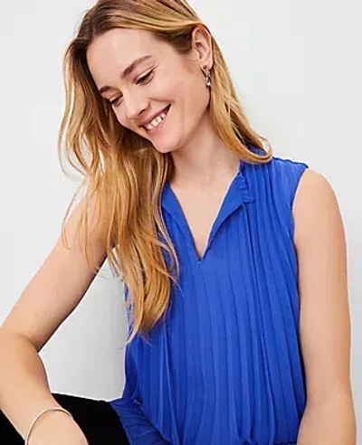 Ann Taylor Pleated Tie Neck Top In Dazzling Blue