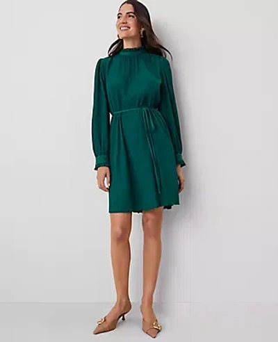 Ann Taylor Plisse Belted Shift Dress In Fresh Evergreen