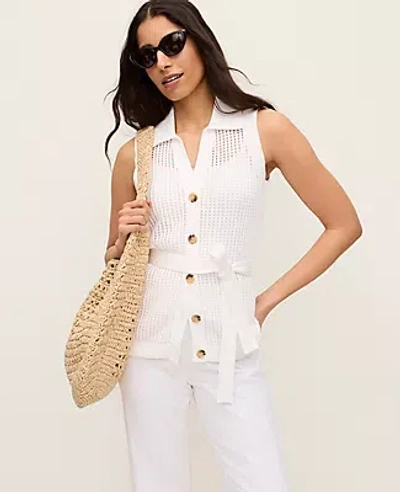 Ann Taylor Pointelle Belted Sweater In White