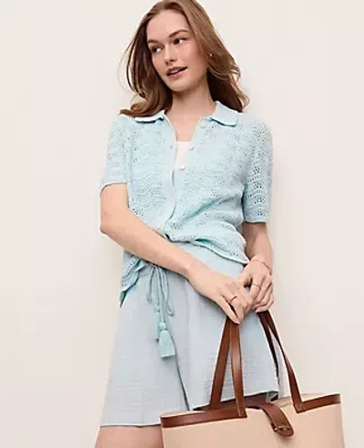 Ann Taylor Pointelle Short Sleeve Cardigan In Blue