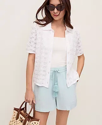 Ann Taylor Pointelle Short Sleeve Cardigan In White