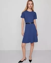 Ann Taylor Ponte Belted Flare Dress In Blue