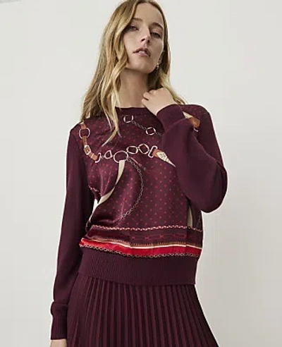 Ann Taylor Printed Mixed Media Crew Neck Sweater In A Purest Plum