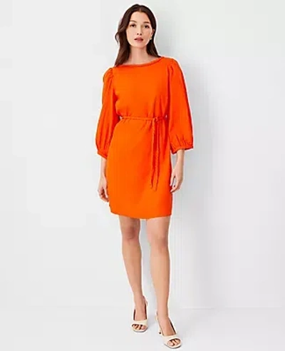 Ann Taylor Petite Linen Blend Puff Sleeve Belted Shift Dress In Flame Azalea