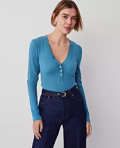 Ann Taylor Puff Sleeve Henley Top In Balmy Blue