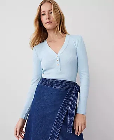 Ann Taylor Puff Sleeve Henley Top In Nordic Sky Blue