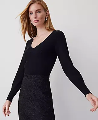 Ann Taylor Puff-sleeve V-neck Sweater In Black