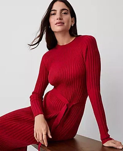 Ann Taylor Ribbed Belted Column Sweater Dress In Gingham Red
