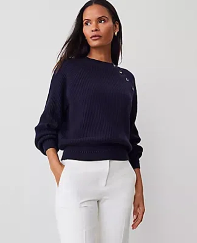Ann Taylor Ribbed Button Raglan Sweater In Night Sky