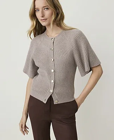 Ann Taylor Ribbed Crew Neck Cardigan In Soft Mink Melange