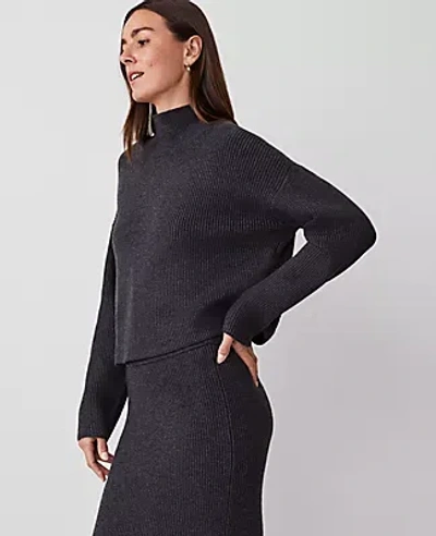 Ann Taylor Ribbed Mock Neck Sweater In Heathered Onyx