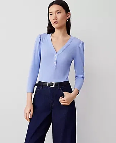 Ann Taylor Ribbed Puff Sleeve V-neck Top In Bluebell Frost