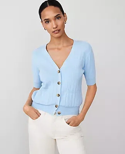 Ann Taylor Ribbed Short-sleeve Pocket Cardigan In Freesia Blue