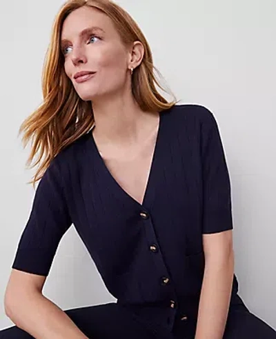 Ann Taylor Ribbed Short-sleeve Pocket Cardigan In Night Sky