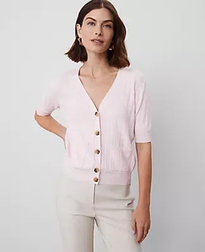 Ann Taylor Ribbed Short-sleeve Pocket Cardigan In Pink Ribbon