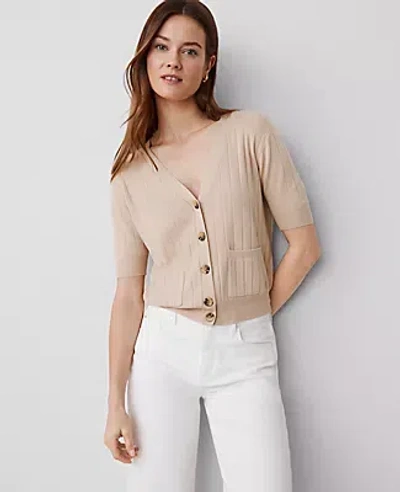 Ann Taylor Ribbed Short-sleeve Pocket Cardigan In Toasted Oat