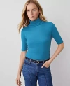 Ann Taylor Ribbed Turtleneck Elbow Sleeve Top In Balmy Blue