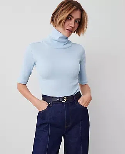 Ann Taylor Ribbed Turtleneck Elbow Sleeve Top In Nordic Sky Blue