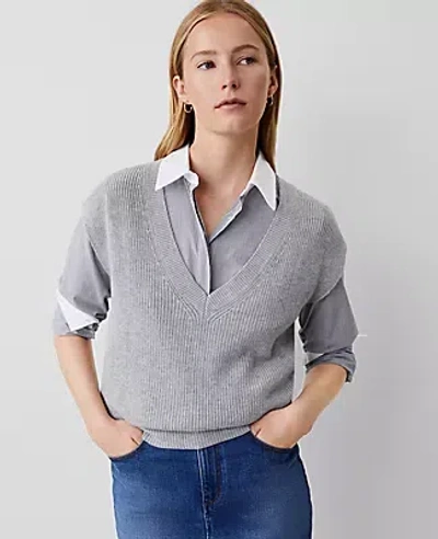 Ann Taylor Ribbed V-neck Sweater Vest In Pebble Grey Heather