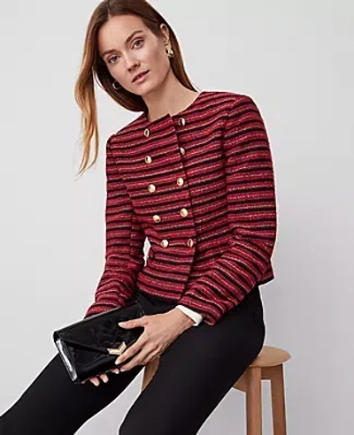 Ann Taylor Ribbon Tweed Double Breasted Jacket In Red/black Multi