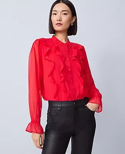Ann Taylor Ruffle Button Down Shirt In Red