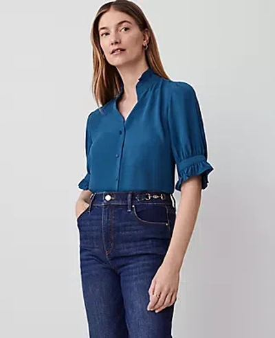 Ann Taylor Ruffle Button Top In Underwater Teal