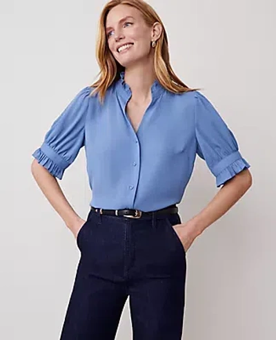Ann Taylor Ruffle Collar Blouse In Colony Blue