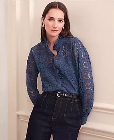Ann Taylor Ruffle Collar Lace Blouse In Blue