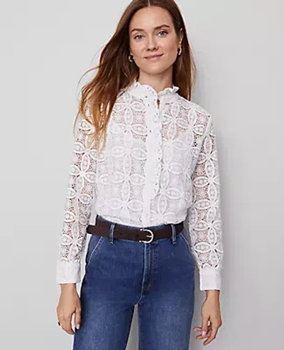 Ann Taylor Ruffle Collar Lace Blouse In White