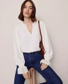 Ann Taylor Ruffle Neck Blouse In White