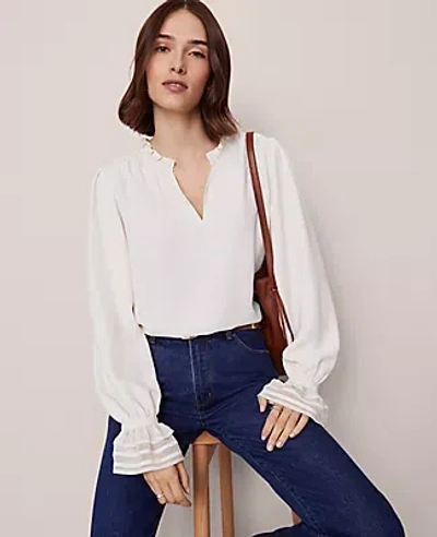 Ann Taylor Ruffle Neck Blouse In White