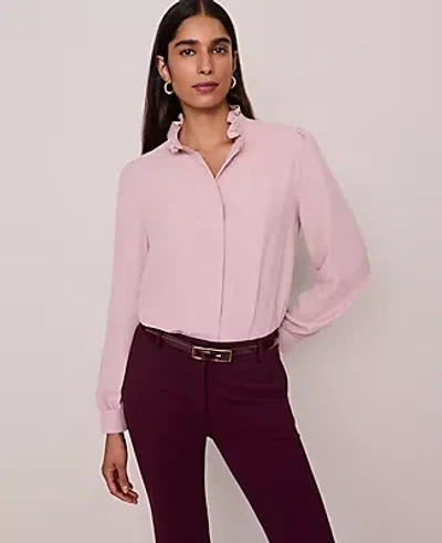 Ann Taylor Ruffle Neck Satin Blouse In Purple