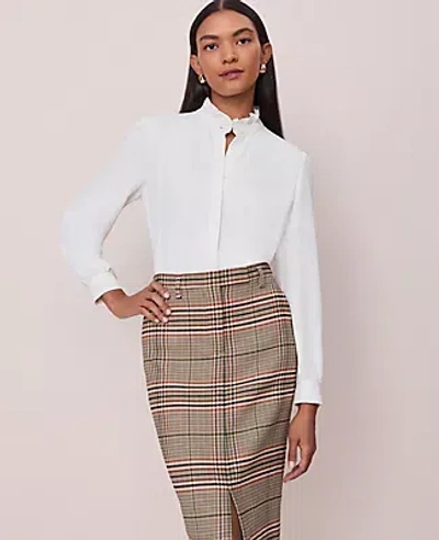 Ann Taylor Ruffle Neck Satin Blouse In White