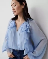 Ann Taylor Petite Ruffle Tie-neck Popover Top In Serenity