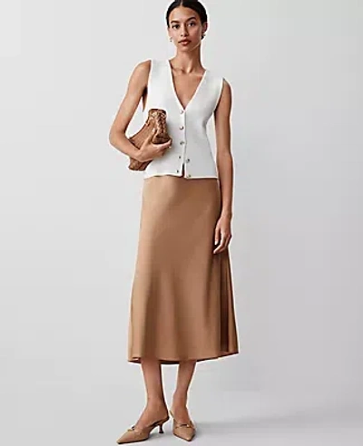 Ann Taylor Satin Bias Midi Slip Skirt In Perfect Camel