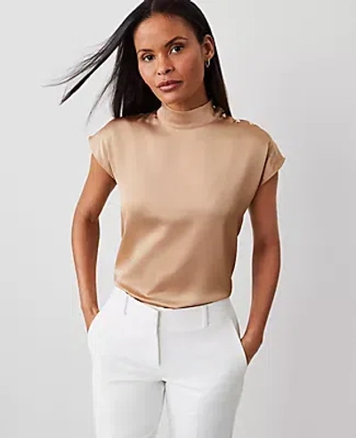 Ann Taylor Satin Dolman Mock Neck Blouse In Cafe Au Lait
