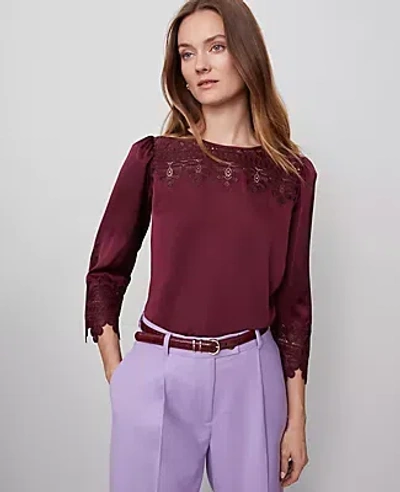 Ann Taylor Satin Lace Trim Top In Burgundy