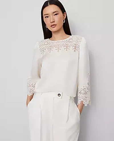 Ann Taylor Satin Lace Trim Top In White