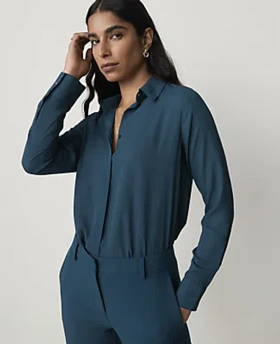 Ann Taylor Satin Modern Shirt In Deep Forest Pine