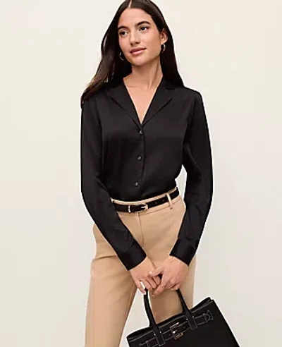 Ann Taylor Satin Notched Collar Blouse In Black