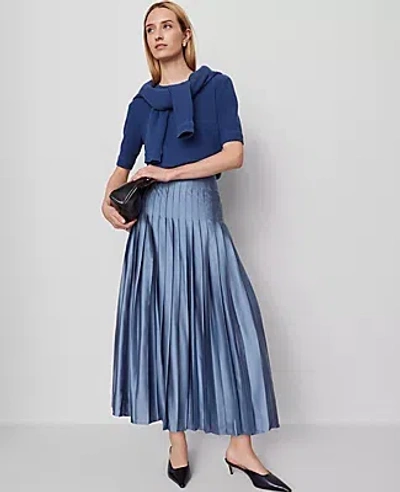 Ann Taylor Satin Pleated Midi Skirt In Blue